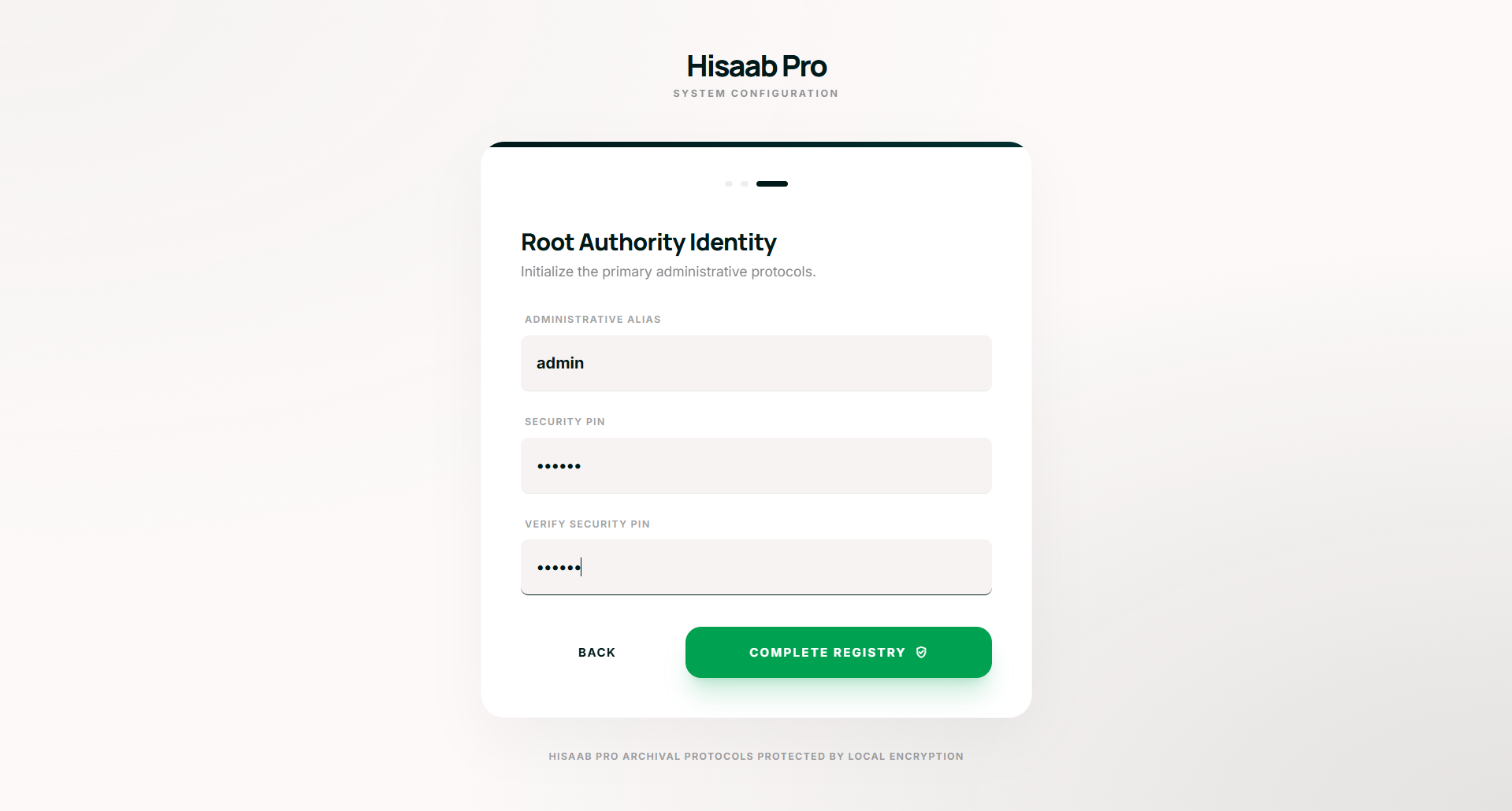 Hisaab-Pro setup wizard interface